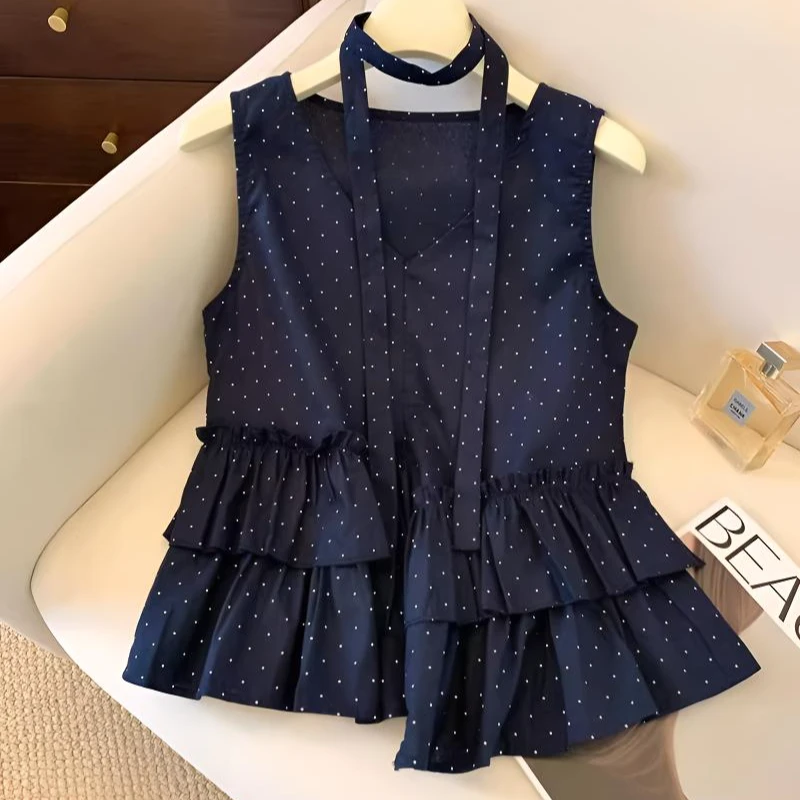 藏青色荷叶边短款波点衬衫女夏款挂脖飘带娃娃衫夏天无袖上衣女