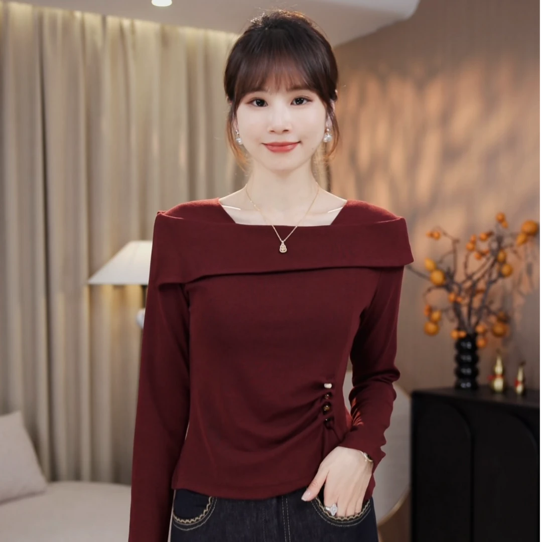 LMENY“欧尼一字肩”颜系气质~一字肩捏褶收腰串珠优雅显瘦T25CT015