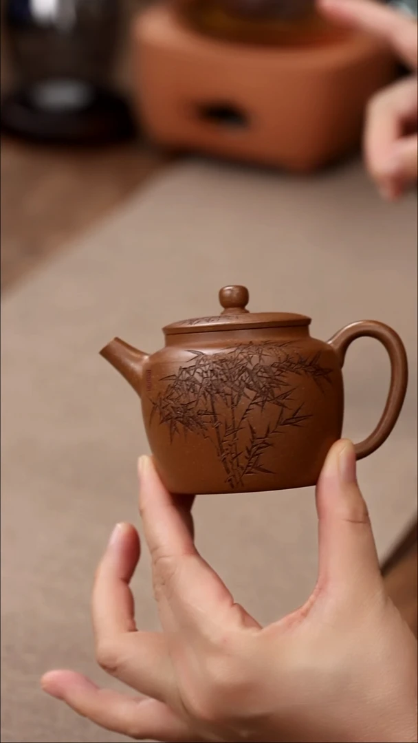 茶壶紫砂桂花砂竹叶刻绘