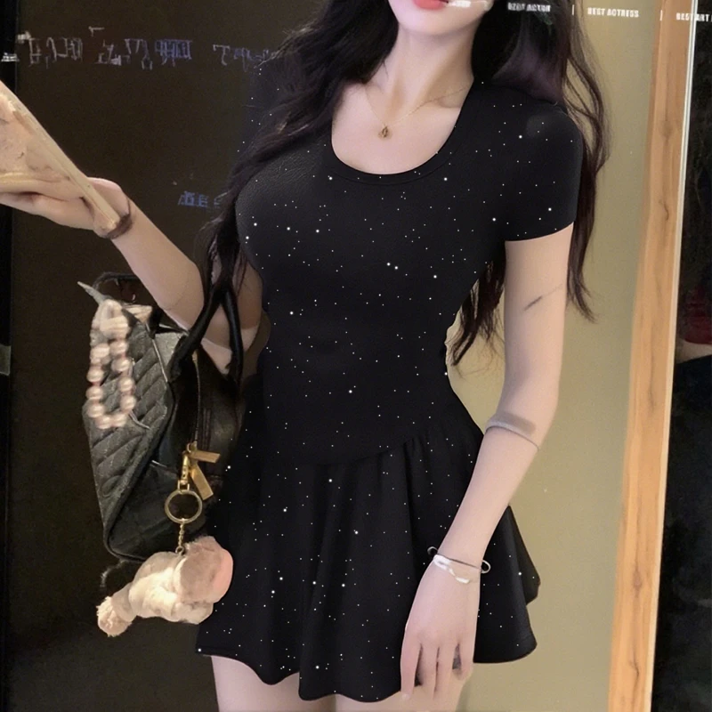 气质名媛性感甜妹纯欲风女星空黑套装U领紧身短款短袖韩系短裤裙