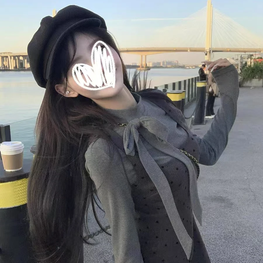 A甜美减龄蝴蝶结长袖T恤波点背带裙两件套新款时尚套装