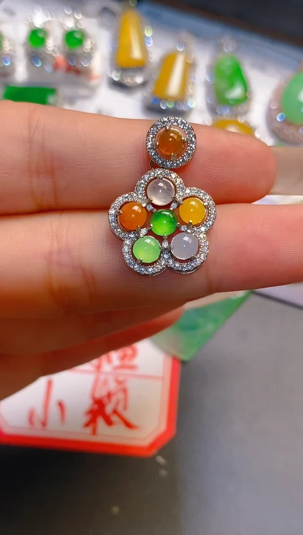 翡翠银S925镶嵌耳饰天然
