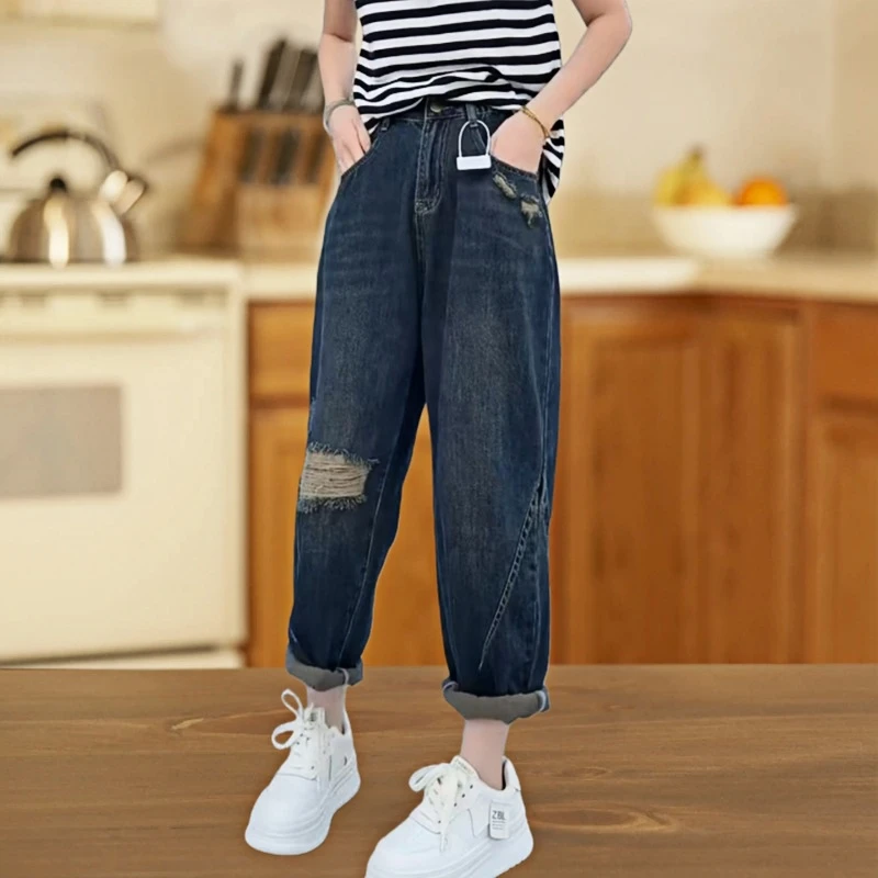 春季新款假破洞高腰弹力哈伦牛仔裤大码胖mm宽松显瘦老爹裤子女
