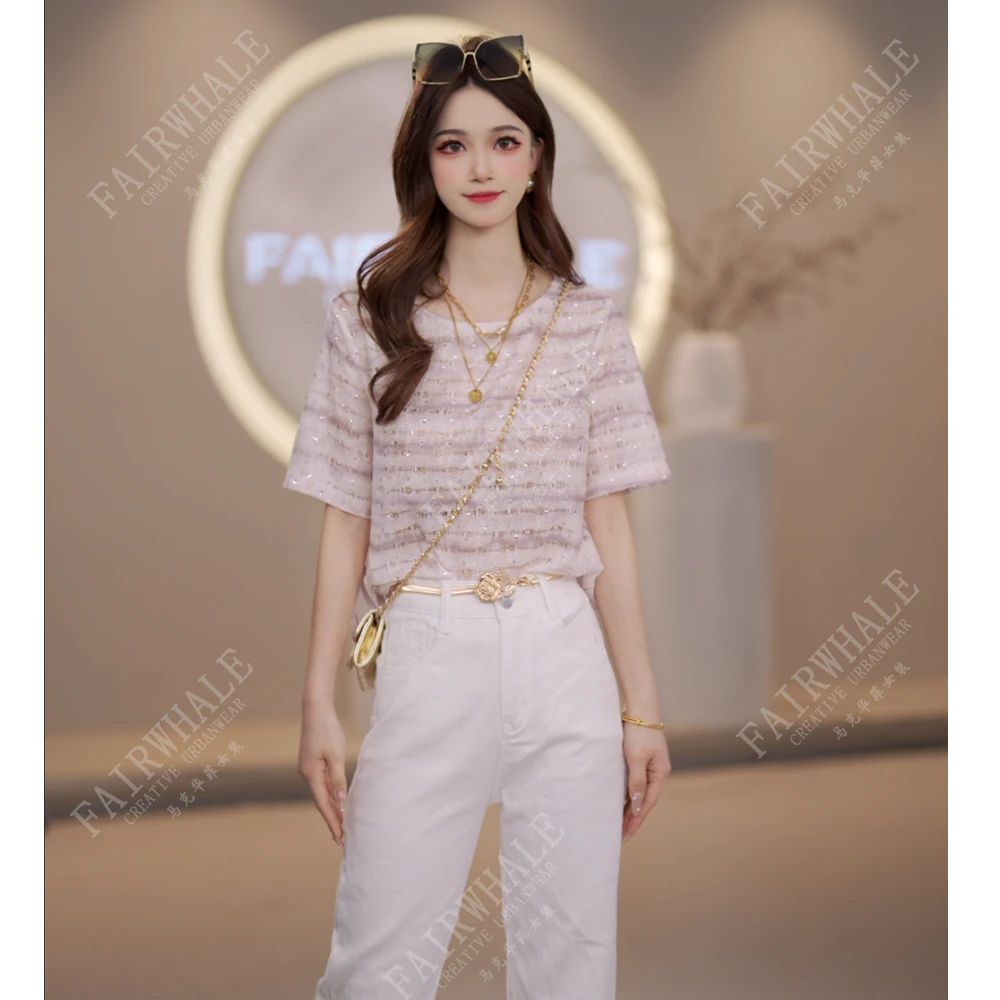 马克华菲女装夏季2025新品时尚简约紫色条纹晕染T恤百搭上衣女 V