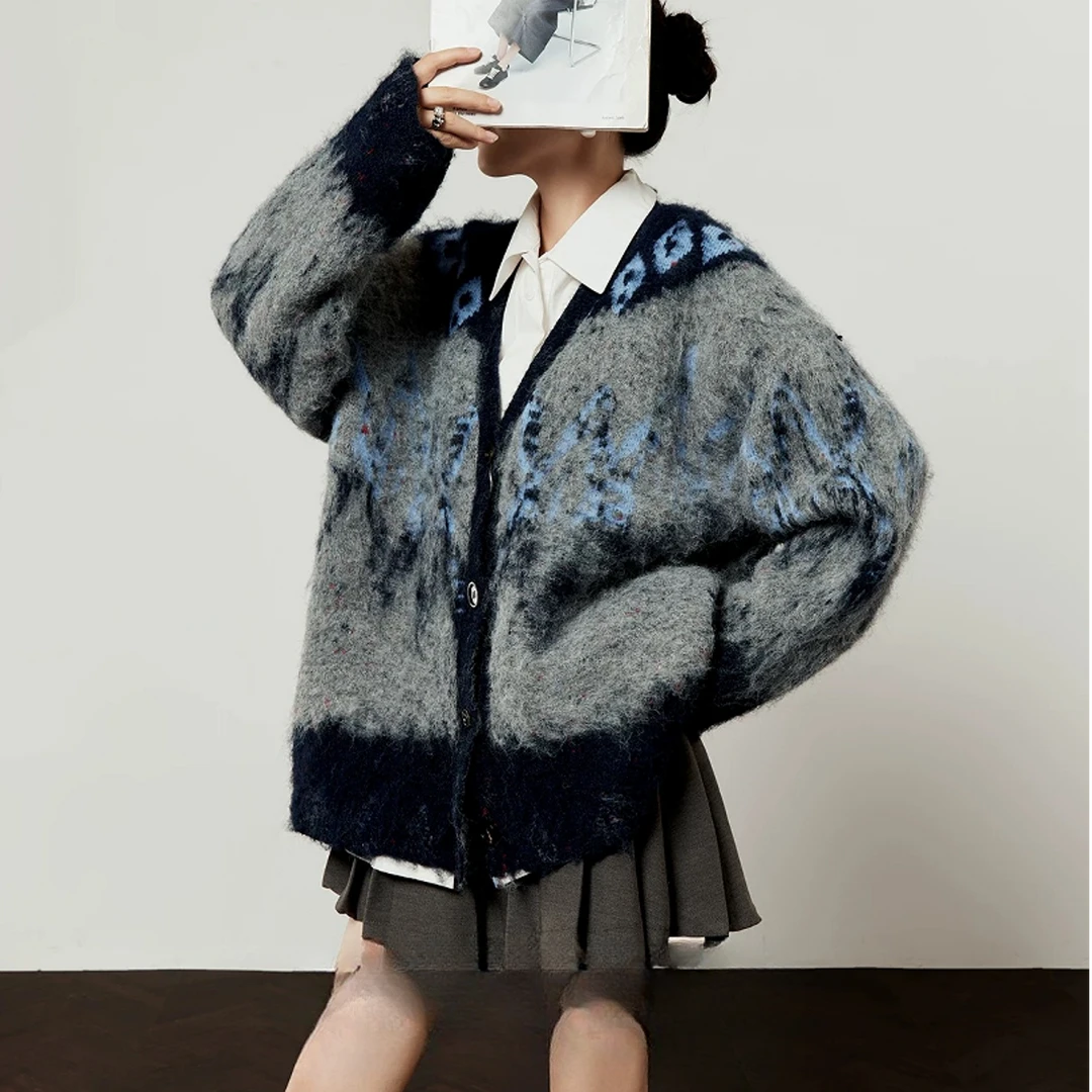 韩系网感秋冬雪花抓毛拉毛复古慵懒风松弛感小众针织开衫毛衣外套