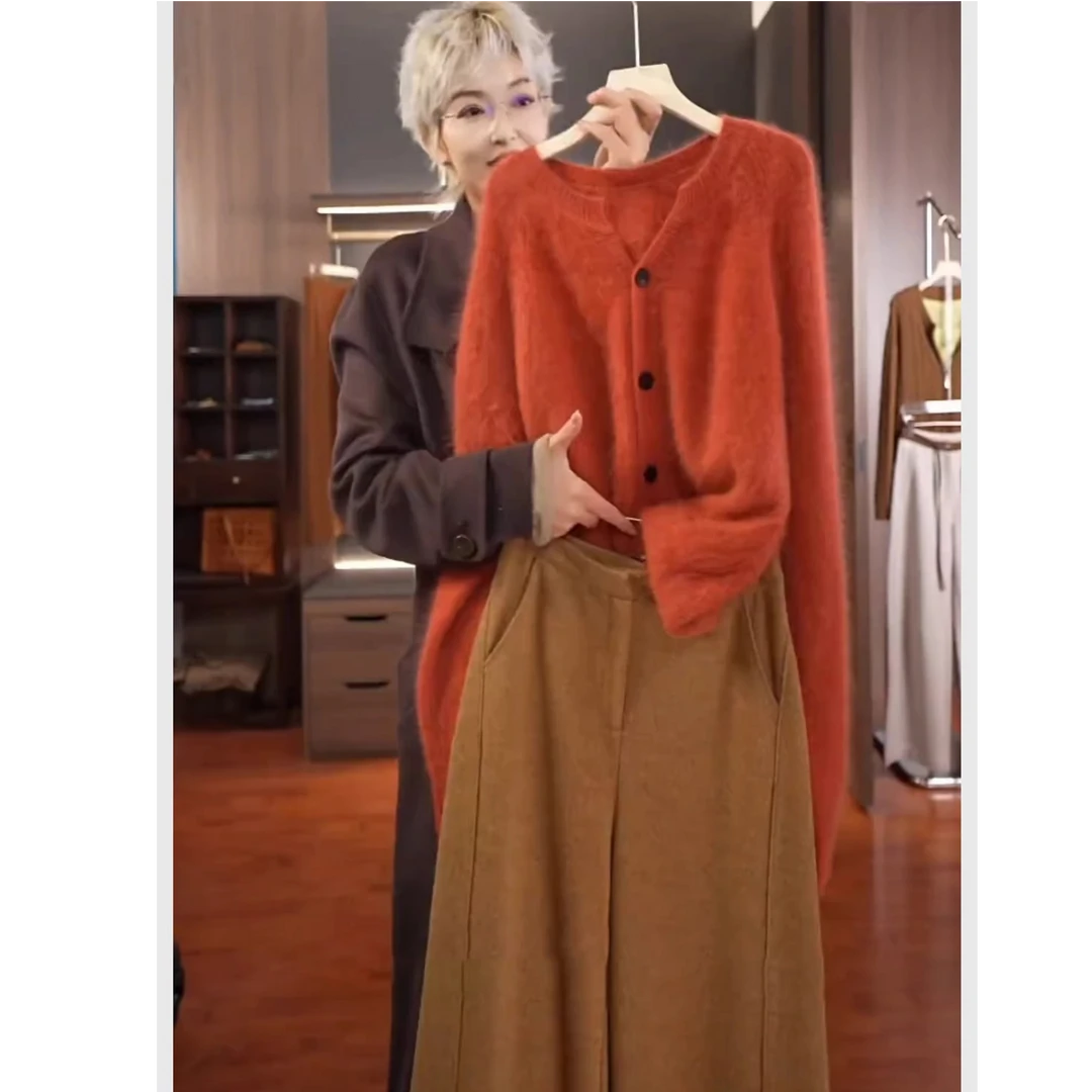 韩式搭配一整套冬装巨好看的小香风橘色针织毛衣女休闲阔腿裤套装