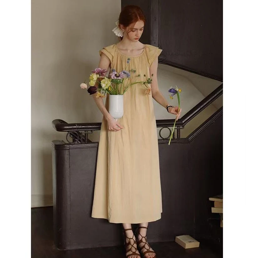 法式小飞袖系带连衣裙显瘦气质夏季复古小众宽松收腰森系