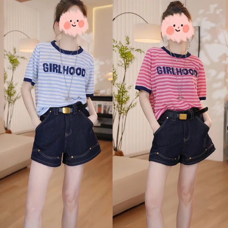 2025夏季新款条纹短袖T恤上衣搭配牛仔短裤休闲时尚穿搭两件套