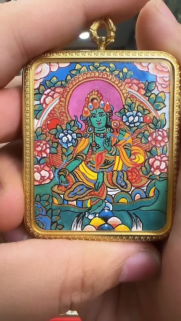 吊坠全身像绿度母-热贡纯手绘唐卡