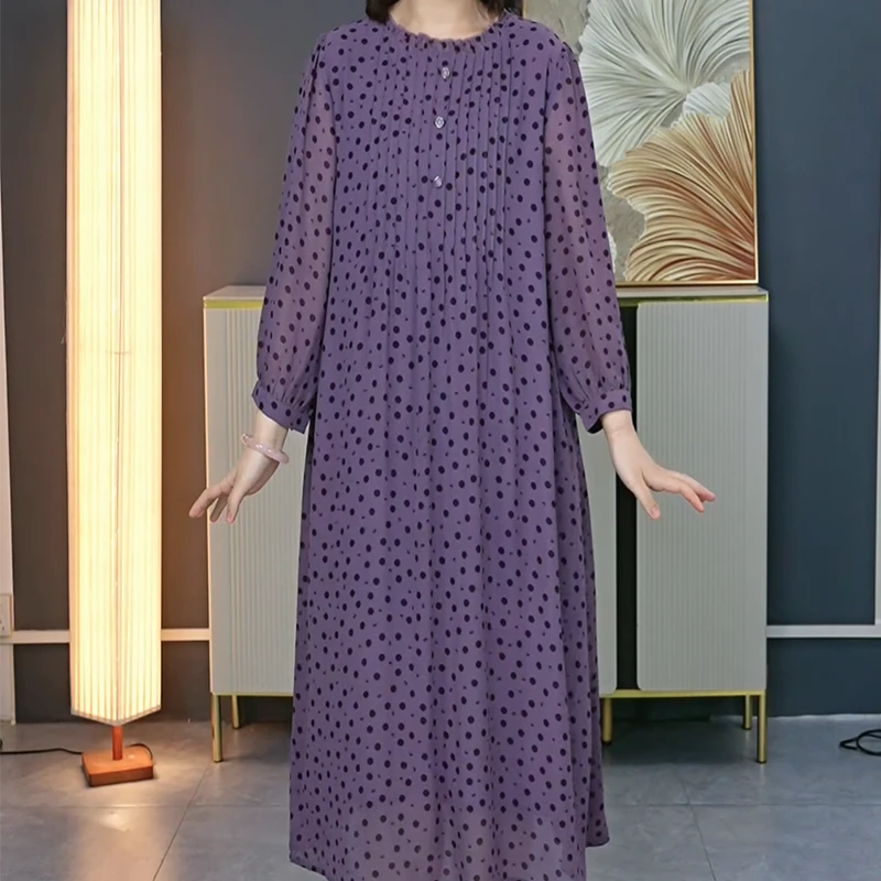 春秋款大码女装清凉紫色长袖气质圆领显瘦遮腰连衣裙0028