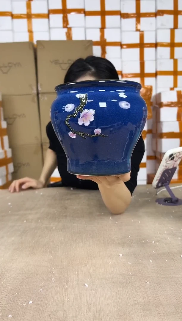 缸型深蓝花釉勾花13x13