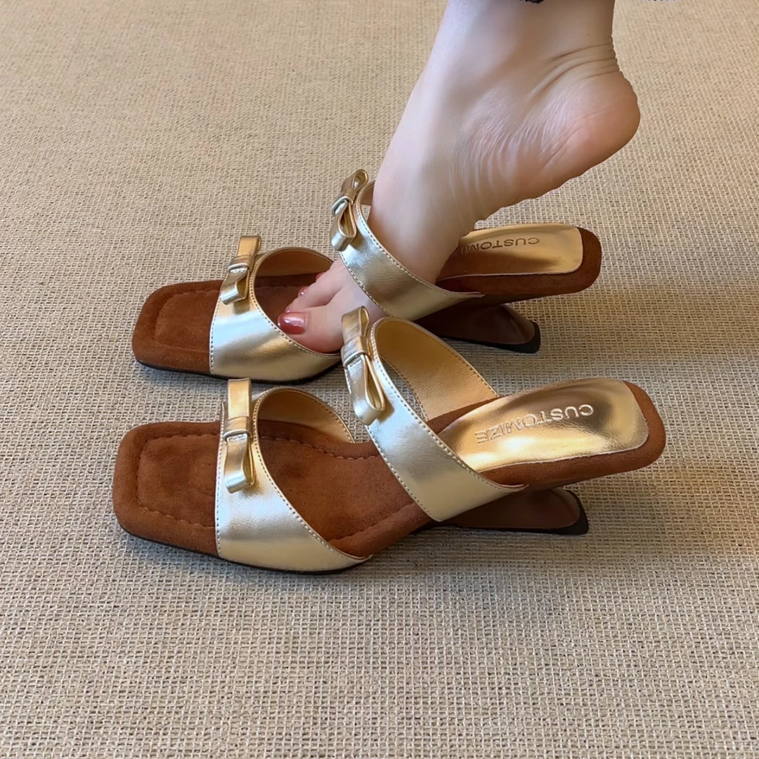 RubyL/4.5cm夏季新款时尚街头风舒适百搭蝴蝶结拼色坡跟露趾凉拖