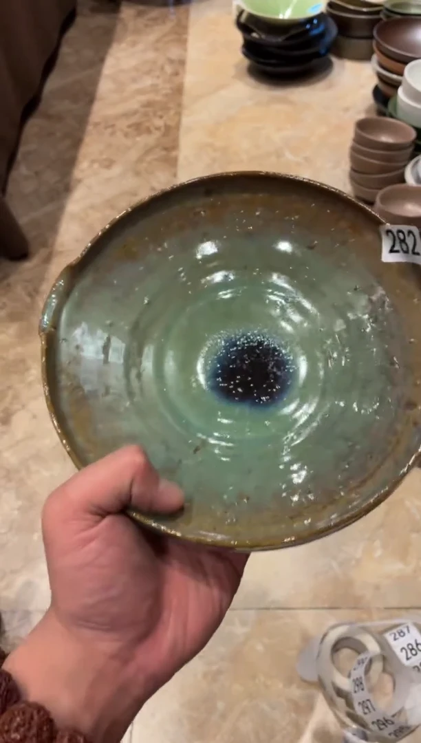 瓷片J*282粗陶手工单口绿色盘1个