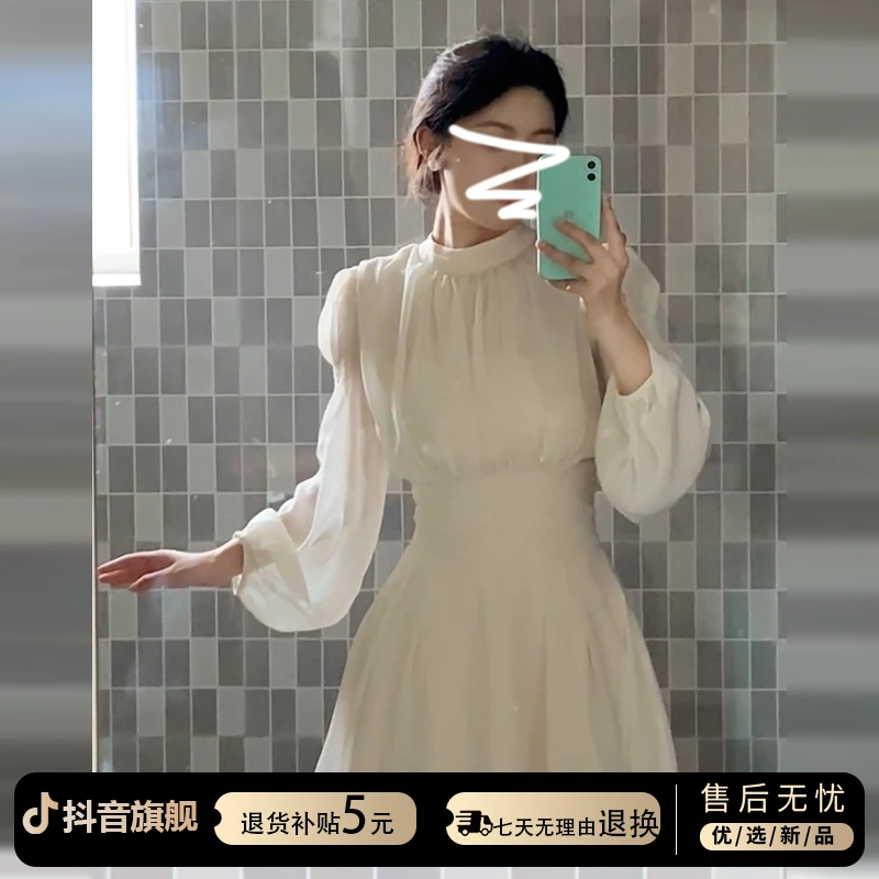 法式气质长袖雪纺连衣裙仙女早春白色温柔风穿搭收腰裙子a字短裙
