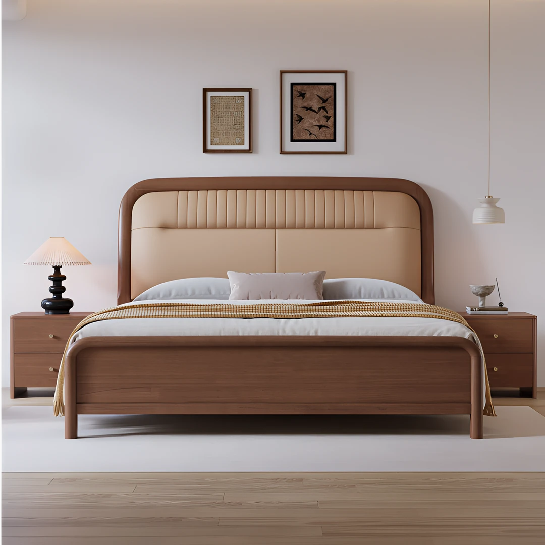 现代简约全实木软包真皮大床轻奢原木风1.8米主卧婚床次卧双人床