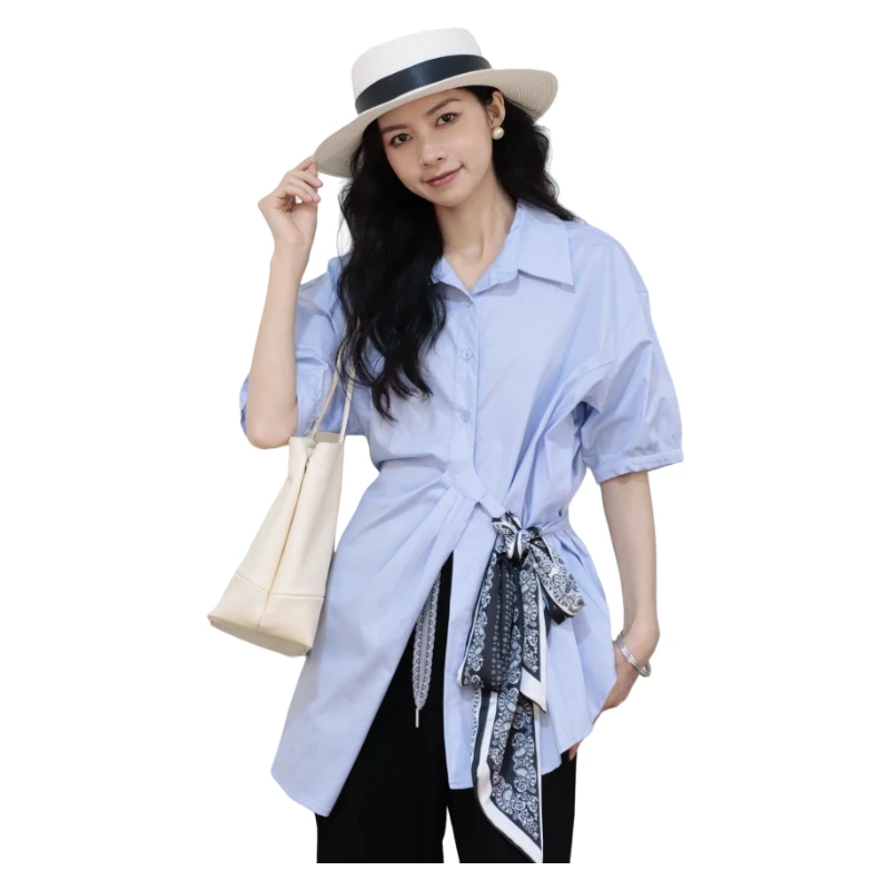 25夏季新品LIUKE留刻短袖侧绑丝带中长款衬衫14250327512