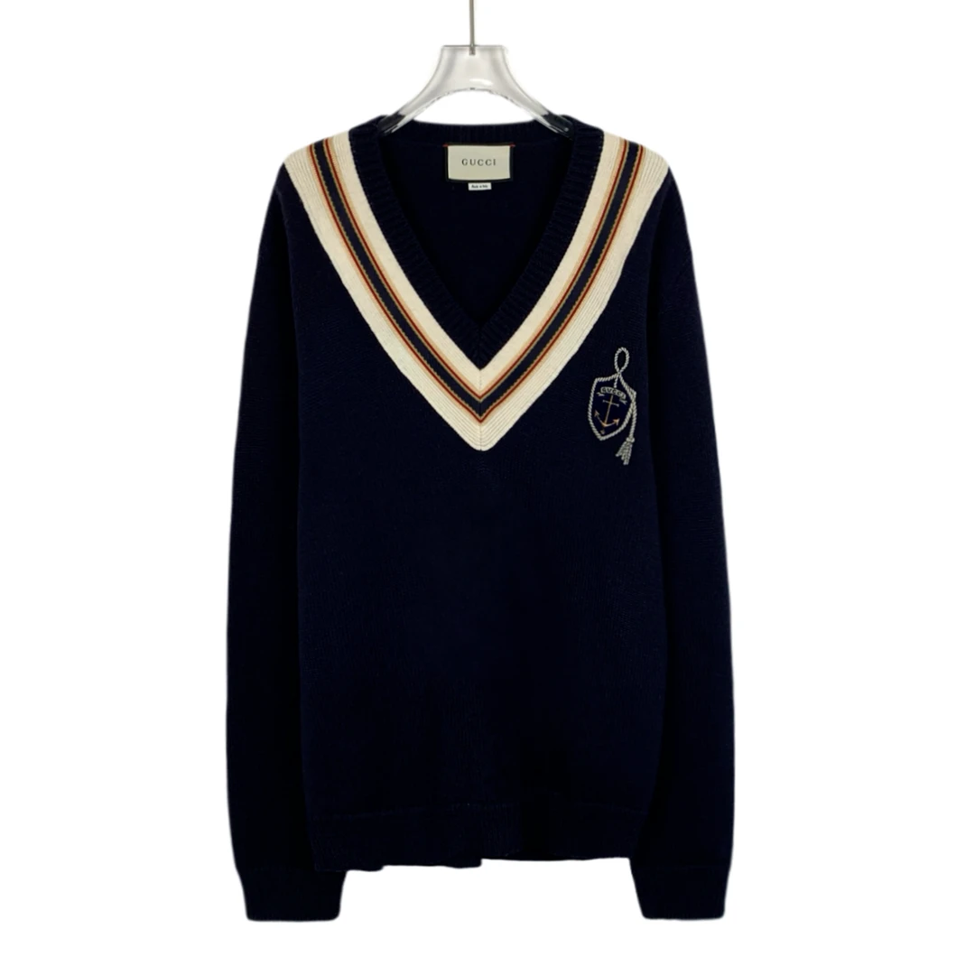 95新 GUCCI/古驰 X13957 锚钩刺绣羊毛V领长袖针织衫 L码