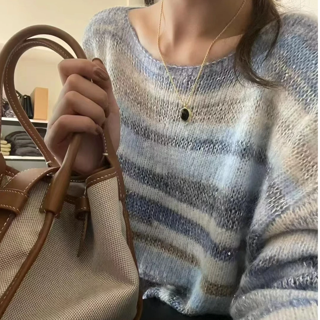 慵懒风花纱渐变一字肩显瘦洋气针织衫