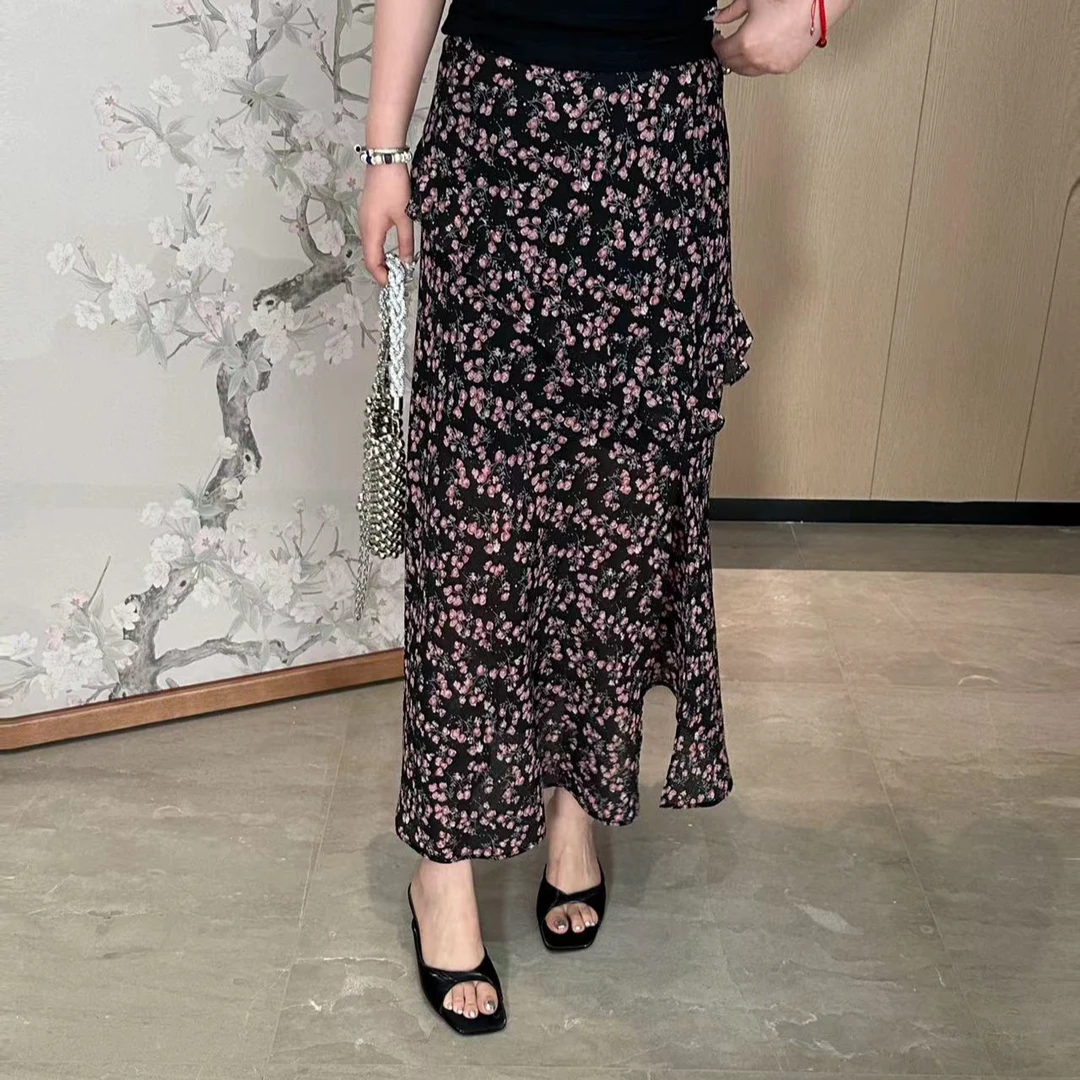 琪琪怪怪大码女装【柔雾玫瑰】韩系荷叶边开叉碎花半身裙D23771QZ