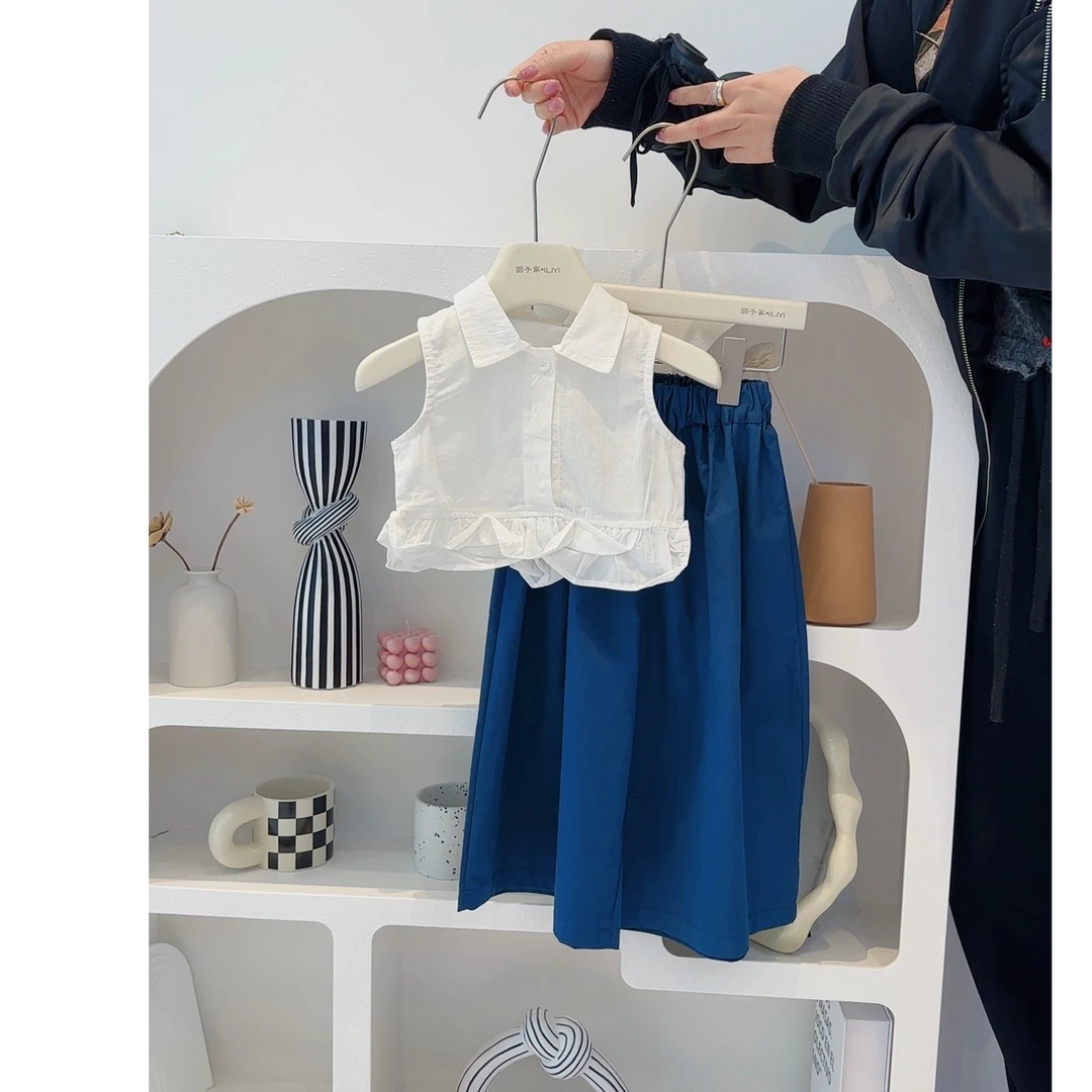 现货圆子家女童套装夏季2025新款无袖背心衬衫直筒裤小童韩系套装