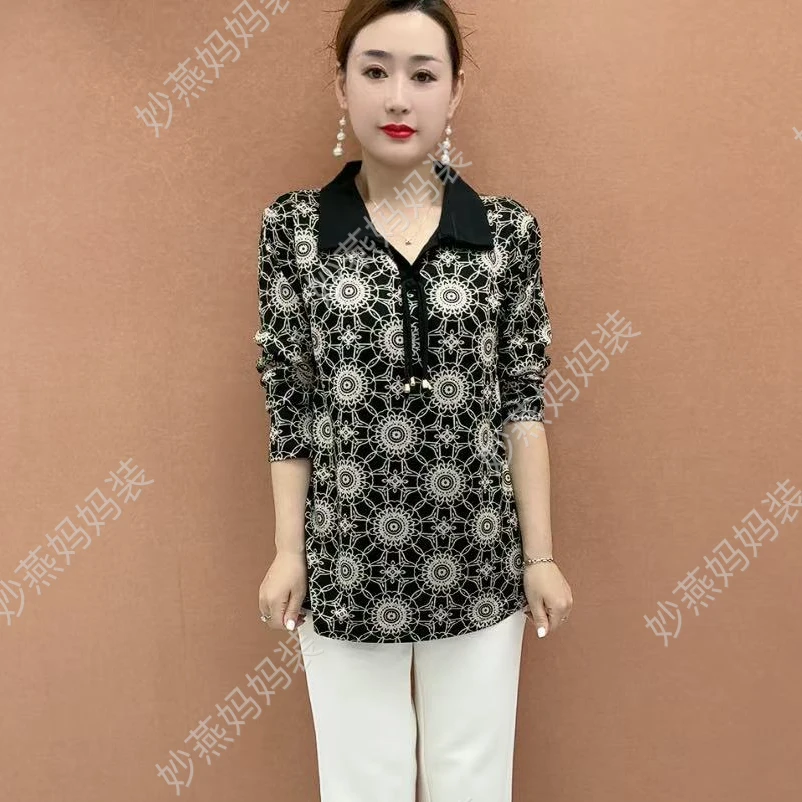 秋季长袖新款翻领中老年女装显瘦大码百搭时尚洋气大版洋气衫