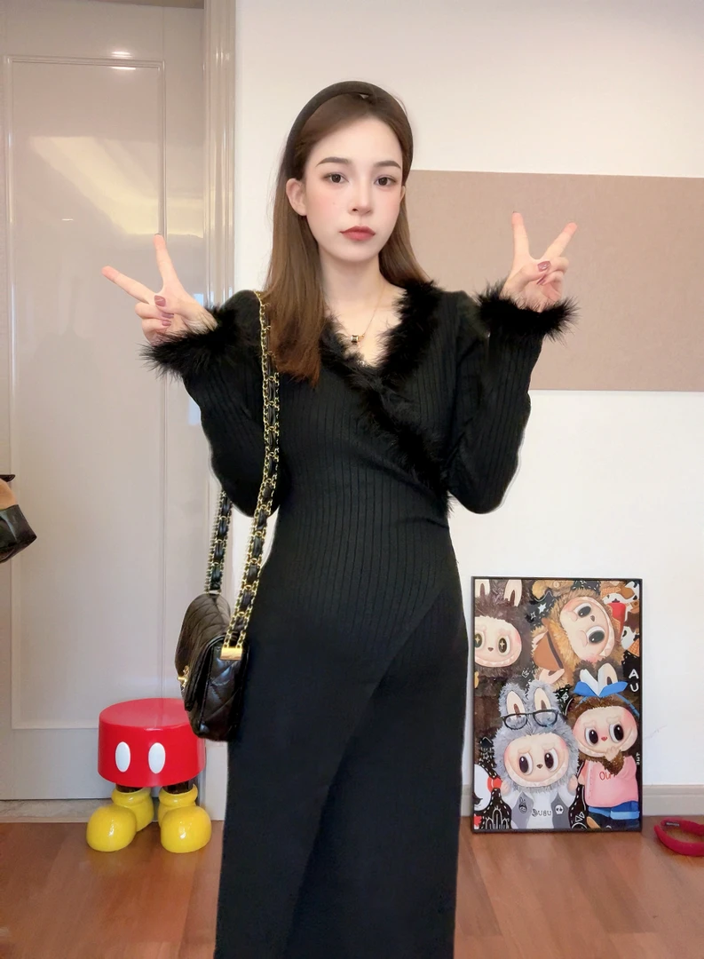 时髦孕妇装新款秋冬季打底洋气显瘦气质长袖耐磨时尚高弹力连衣裙