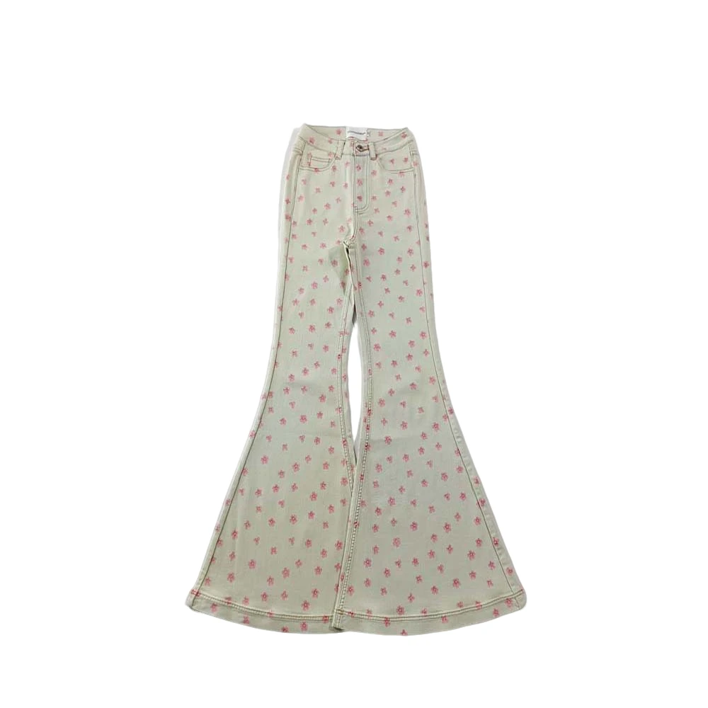 1038【瑕疵品不退不换】浅蓝粉色小花牛仔大喇叭