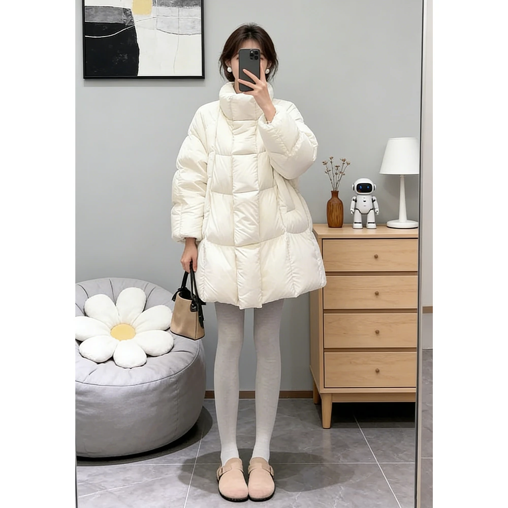 parkyeon洋气潮流款立领加厚保暖棉衣棉袄女温柔风白色长袖外套