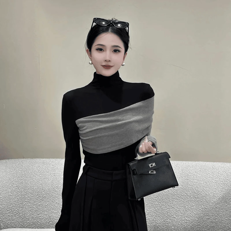 设计感撞色拼接长袖t恤女秋冬修身气质显瘦内搭半高领打底衫上衣