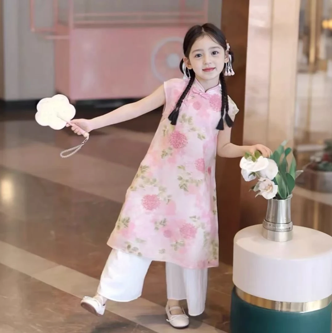 女童夏季新款国风套装2025女宝宝新中式汉服两件套中大童旗袍裙