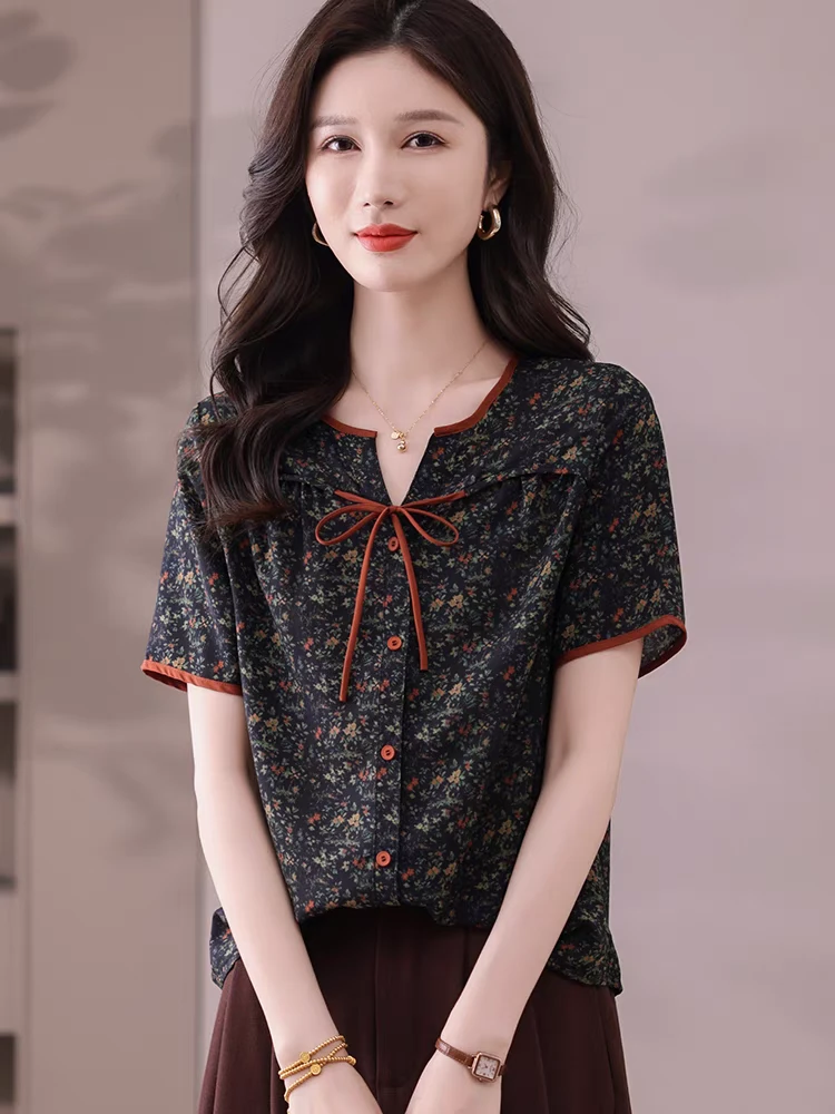 <花千骨>洋气短袖T恤衬衣时尚气质休闲衬衫女夏装2025新款中老年