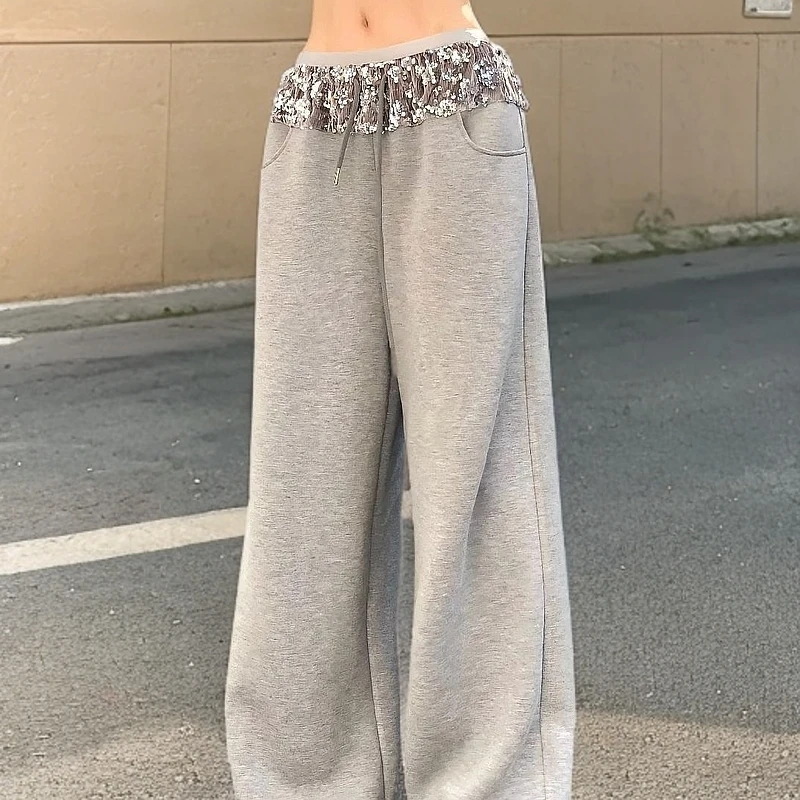 春季新款亮片松紧腰阔腿裤直筒百搭长裤灰色拖地卫裤显瘦运动辣妹