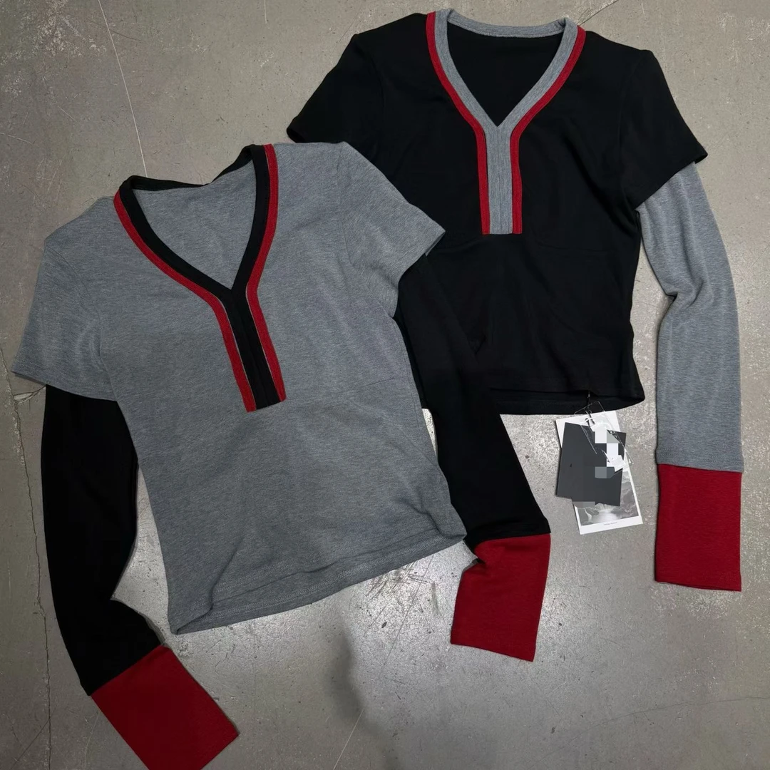 DA-J冬季新款v领拼色撞色 假两件T恤衫设计感打底 加厚加绒