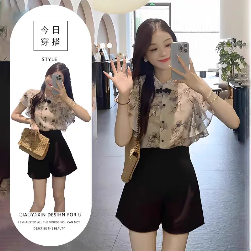 （全额运费补贴）水墨花盘扣气质衬衫夏季新款独特漂亮小衫百搭休闲