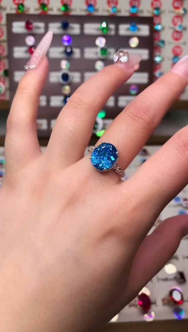 无925银典藏 轻奢 深海蓝色系精切莲花鸟巢切10*12银托戒指