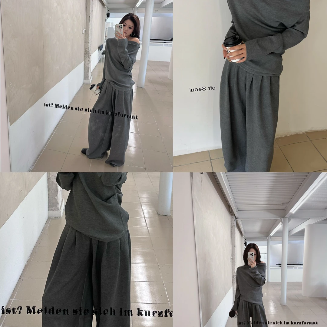 DOUx【懒人公式】初春新款慵懒风斜肩长袖上衣+微喇裤子两件套