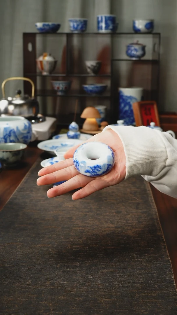 景德镇手工手绘山水甜甜圈盖置