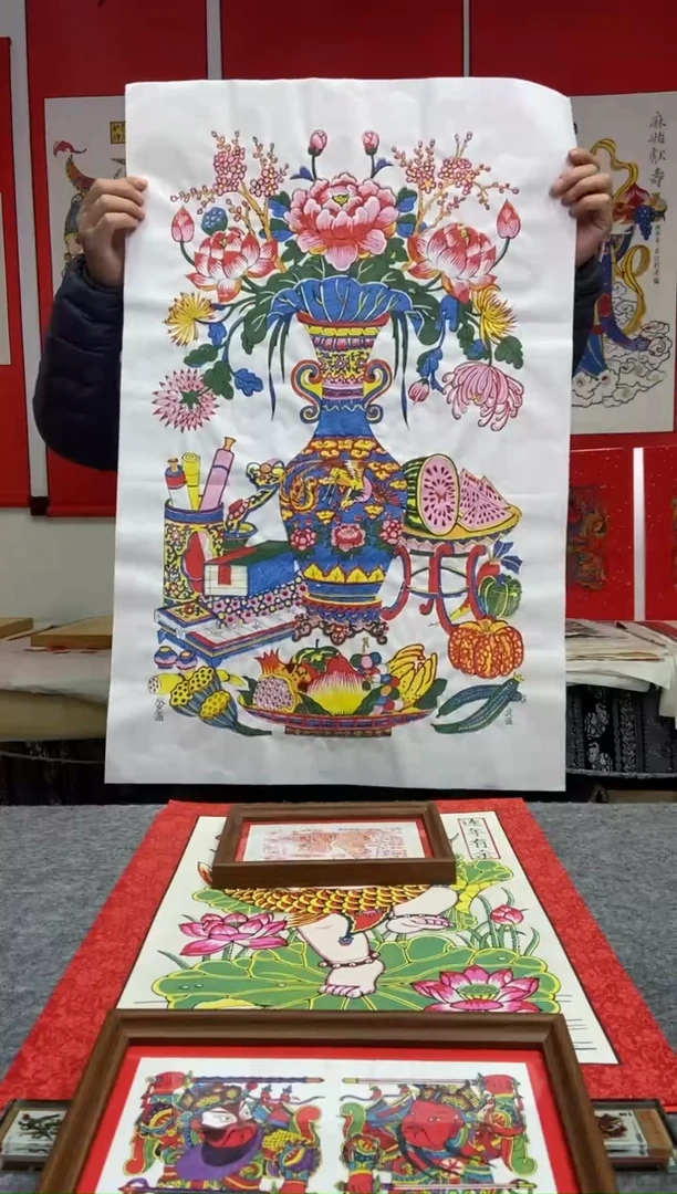青*四季平安清供图精裱红卷轴手工制作精品