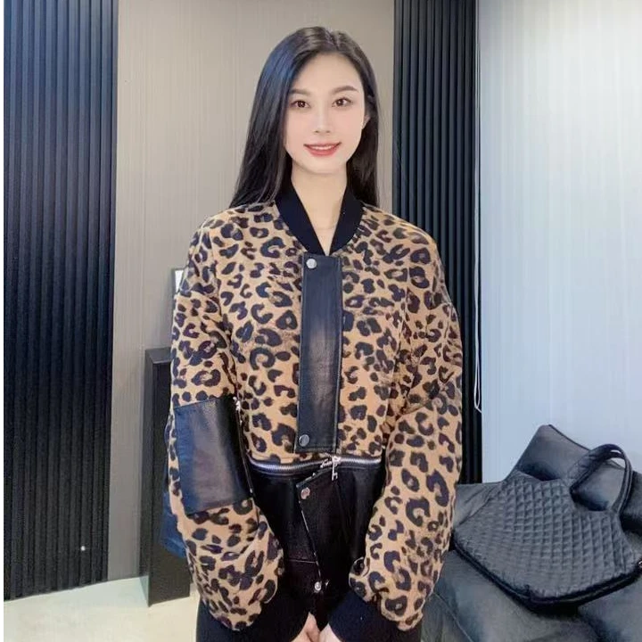 【欣欣严选】豹纹女士皮衣法式夹克长袖印花春季上衣气质外套