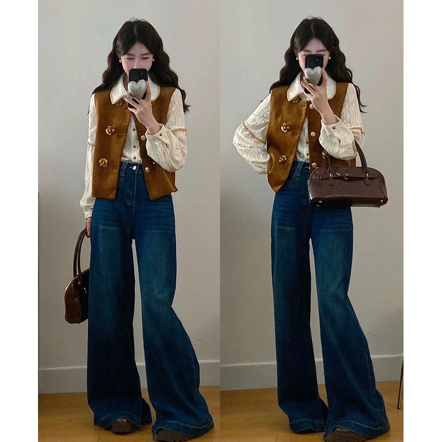 大码女装复古长袖衬衫中式无袖马甲背心上衣搭配牛仔裤套装