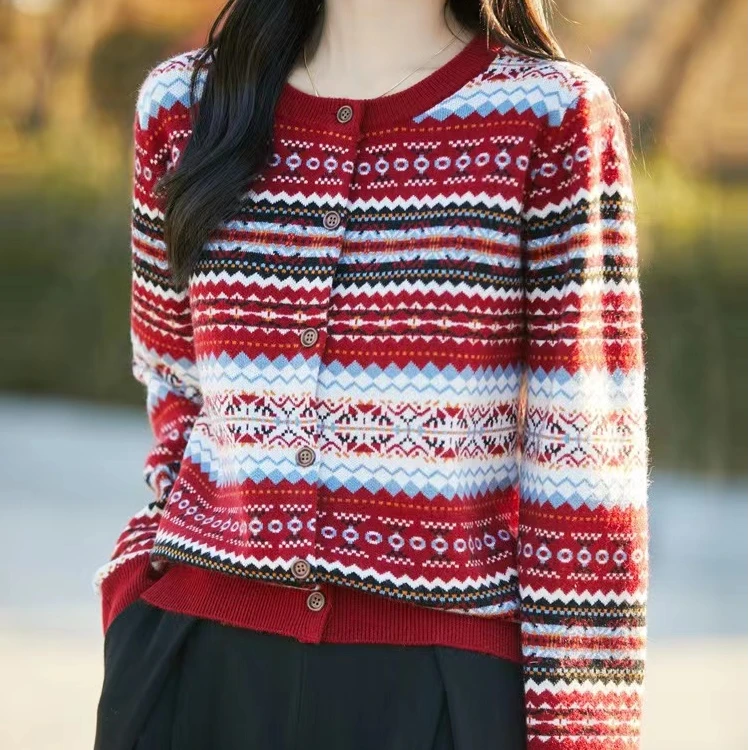 2025春季新品高级感提花圆领针织衫毛衣长袖女