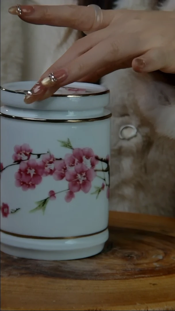 摆件陶水点桃花小茶叶罐