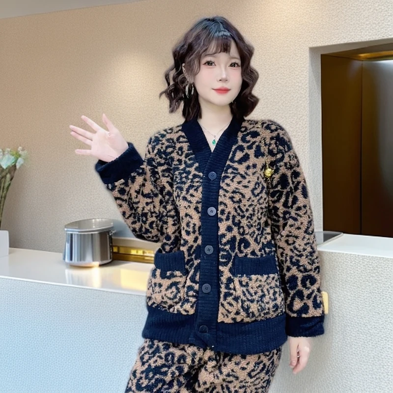 【瑜妹妹】魅力感- V领豹纹双面加绒可外穿家居服保暖秋冬新款睡衣