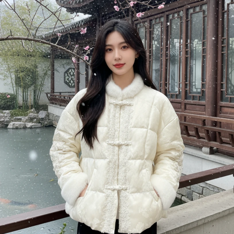 2025冬新款欧货新中式国风气质仿水貂毛亮片拼接白鸭羽绒服外套女