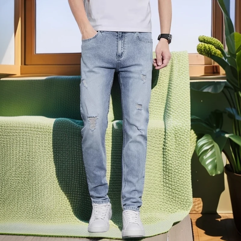 娜罗普西新款潮牌浅蓝色破洞裤子夏季牛仔裤男修身直筒夏薄款男裤