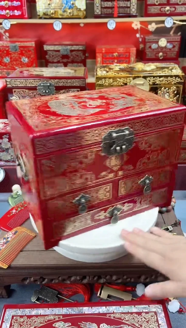 拼*28厘米四层三抽掐丝螺钿镶嵌酒红龙凤