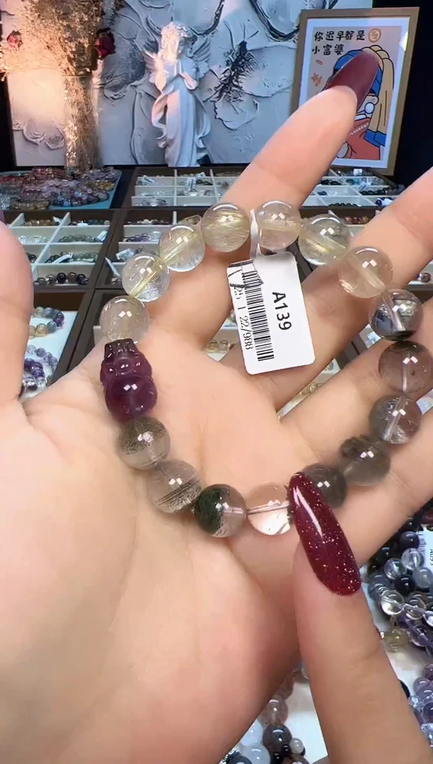 【闪购商品】水晶手链未镶嵌【半壁江山】天然绿幽灵假发经+紫貔貅