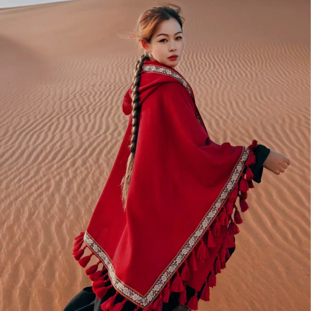 火凤凰红斗篷连帽披肩旅行拍照流苏长围巾