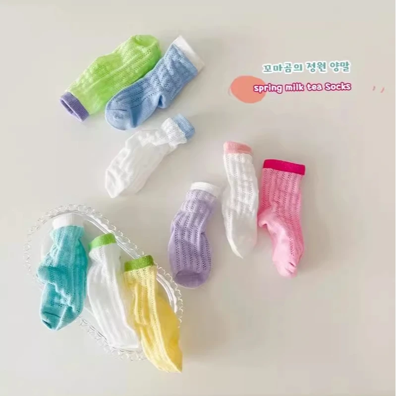 儿童袜子春夏薄款糖果色拼接网眼透气袜男女童宝宝亮色系中筒袜