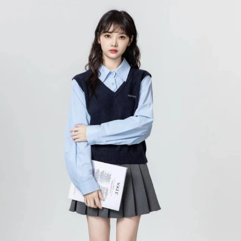 长袖学院风宽松型正肩袖毛针织衫无袖衬衫长袖百搭极简风